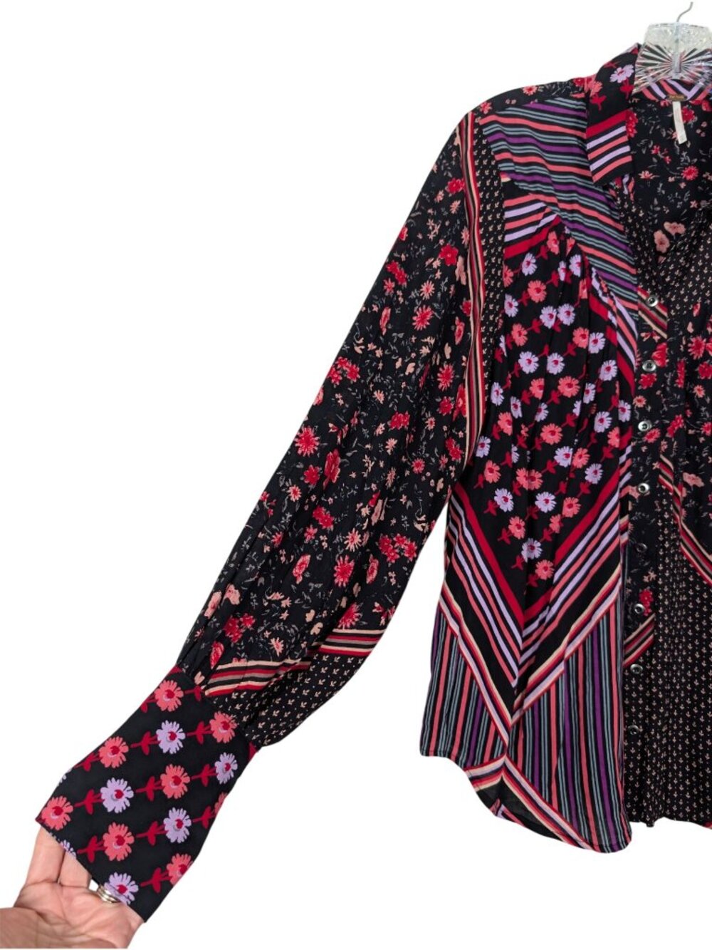 Free People Womens XS Mixed Print Button Front Blouse Boho Floral Striped Viscos - Picture 3 of 16